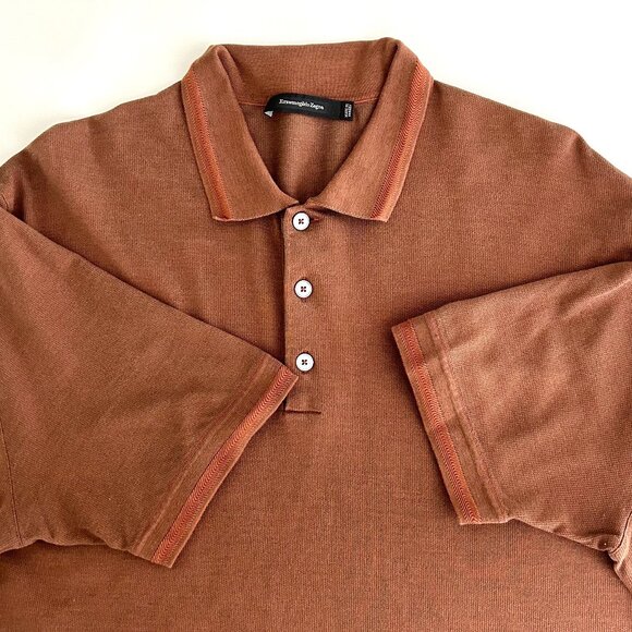 Ermenegildo Zegna Silk Cotton Short Sleeve Polo Shirt in Rust Brown Size XL - Picture 7 of 12